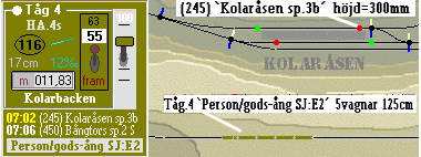 detalj av KÖR-panel & Spårplan: Tåg.4 på väg mot Kolaråsens station